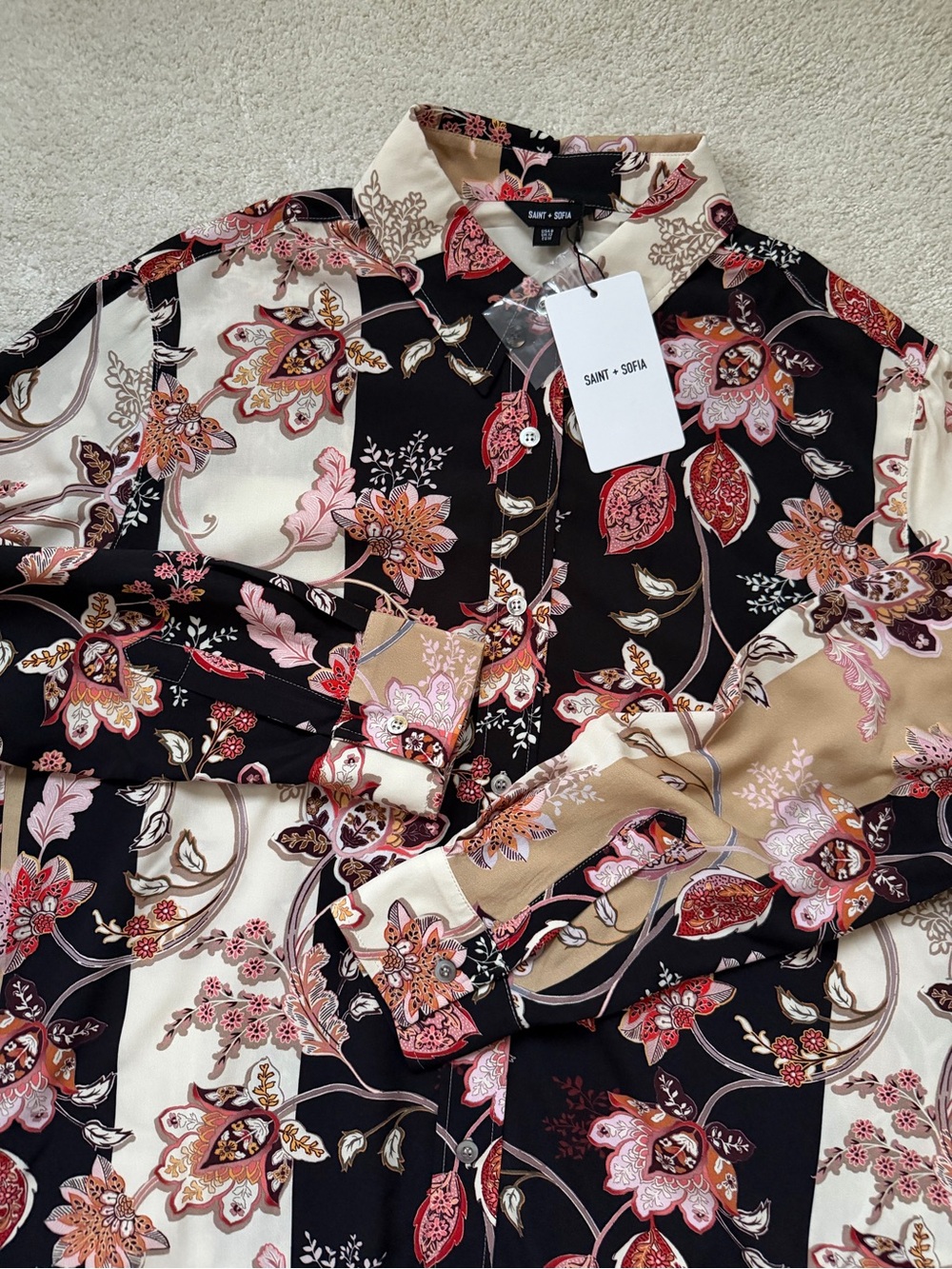 Saint+Sofia Floral Button-Up Long-Sleeve Shirt Black & Cream Size M NWT - Picture 11 of 11
